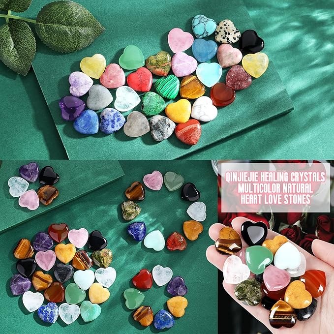 20PCS Crystals and Healing Gemstones Gem Stones Heart Crystal QINJIEJIE Natural Rose Quartz Pocket Amethyst Hearts Palm Stone Polished Crystal Set Bulk Chakra Reiki Good Luck Gifts for Women 0.8"