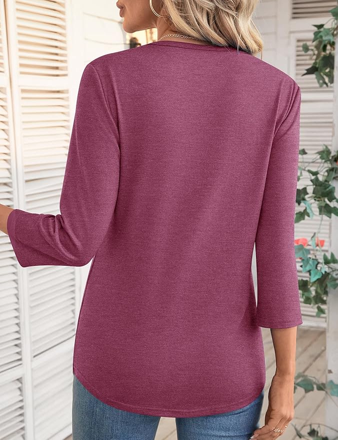 LOMON 3/4 Length Sleeve Womens Tops Spring Summer Fashion 2026 Tops Crew Neck Pleated Shirts Tunic Top Loose Fit