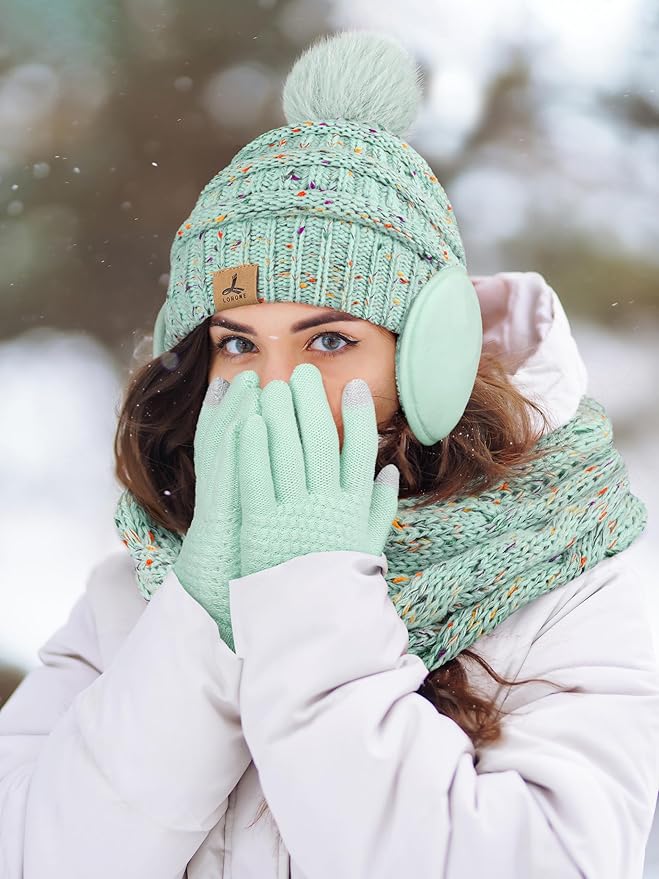 Winter Hat Scarf Gloves and Ear Warmer, Warm Knit Beanie Hat Touch Screen Gloves Set Winter Gifts Neck Scarves for Women