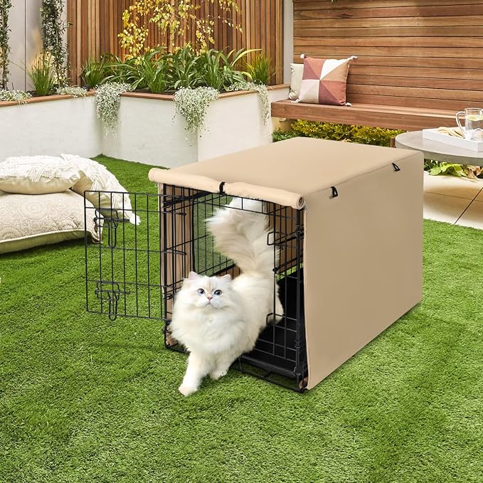 Seiyierr Dog Crate Cover - Kennel Cover Fit for 30 Inch, Double Door Polyester Crate Cover for Wire Dog Crate Indoor Outdoor Protection, Light Tan