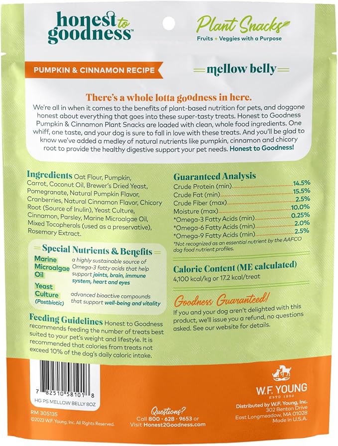 Honest to Goodness Plant Snacks Pumpkin & Cinnamon Dog Treats, 8 oz | Crunchy, Plant-Based, Mellow Belly Digestion Support, Enriched with Omega 3 Fatty Acids, Fortified with Postbiotics, USA Made