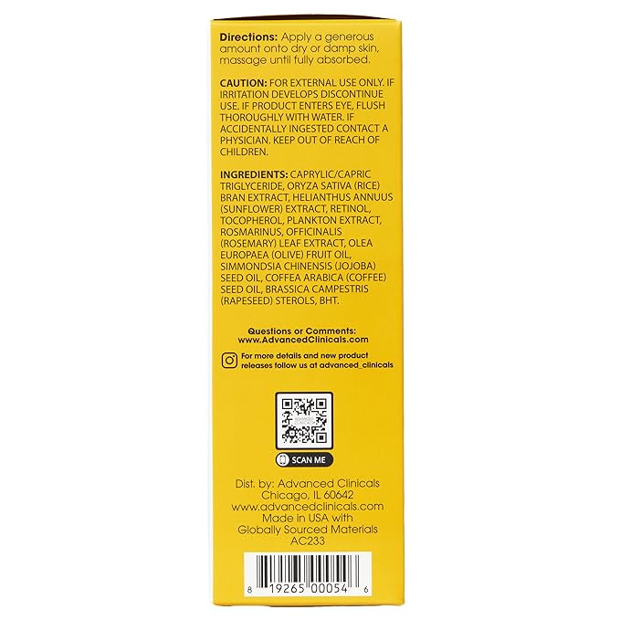 Advanced Clinicals Retinol Body Firming Oil | Retinol Body Oil After Shower Moisturizer Targets Look Of Crepey Skin & Wrinkles | Infused With Caffeine, Algae, & Vitamin E, Fragrance Free, 3.8 Fl Oz