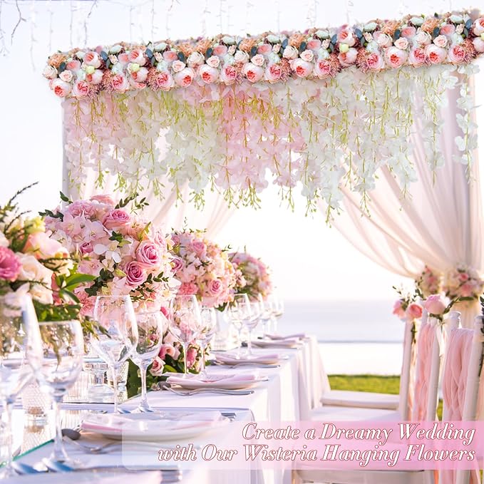 12 Pack Wisteria Hanging Flowers, Pink White Wisteria Artificial Flowers, 3.6 Feet/Pcs Fake Wisteria Flowers Garland Vines for Bedroom Wedding Home Party Wall Decoration