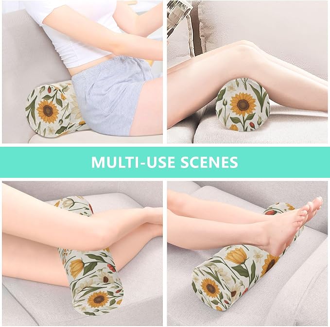 Sunflowers and Roses Beige Neck Roll Pillow Bolster Round Health Memory Foam Long Cervical Cylinder Pillows with Removable Washable Cover for Body Bed Legs Back Yoga