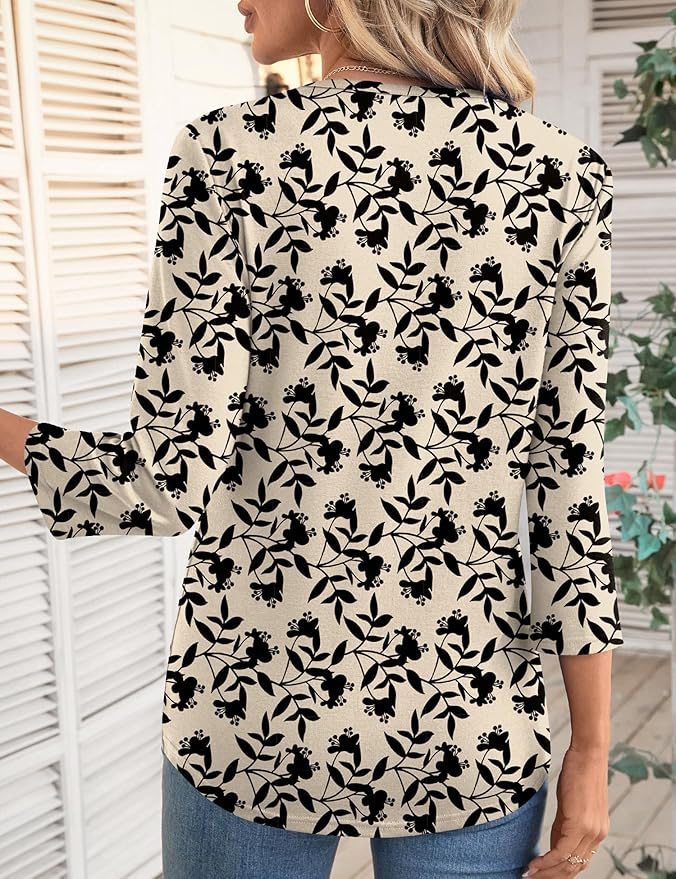 LOMON 3/4 Length Sleeve Womens Tops Spring Summer Fashion 2026 Tops Crew Neck Pleated Shirts Tunic Top Loose Fit