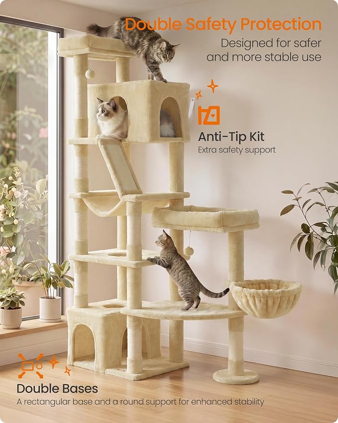 Feandrea 74.1-Inch Cat Tree Tower for Indoor Extra Large Cats, with Scratching Posts, Scratching Board, Multi-Level Design, Beige UPCT016Y101S