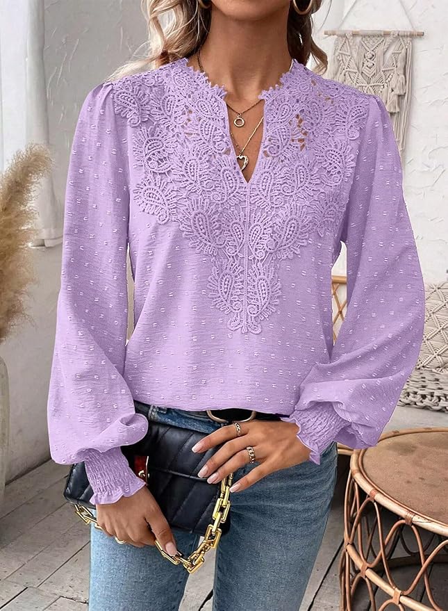 Womens Tops Swiss Dot Boho Long Sleeve Shirts V Neck Casual Chiffon Blouses Flowy Lace Hem Cute Clothing Trendy 2026
