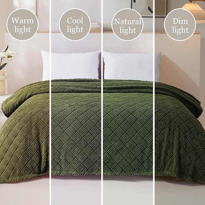 Whale Flotilla Soft Fleece Queen Size Blanket for Bed, Olive | Jacquard Waffle Blankets for Home Decor, Lightweight and Cozy, All Season Suitable, 90x90 Inch