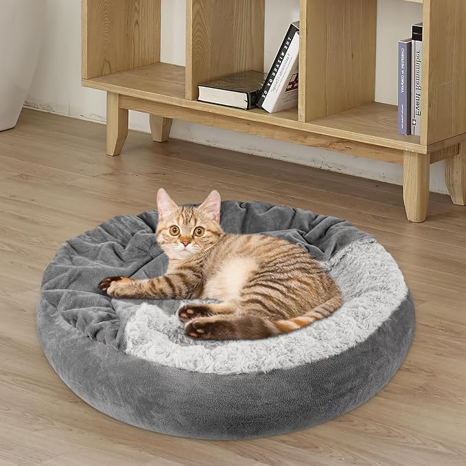 JOEJOY Small Dog Bed Cat Bed with Hooded Blanket, Cozy Cuddler Luxury Puppy Pet Bed, Donut Round Calming Anti-Anxiety Dog Burrow Cave Bed - Anti-Slip Bottom and Machine Washable 26 inch