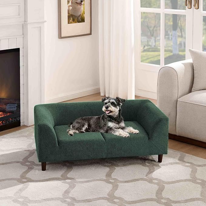 39.75 “x 22.5 “ Dog Sofa for Small Medium Dogs | Elevated Base | Breathable Linen Fabric | Armrest & Backrest | Plush Thick Cushion|Easy to Clean | Olive Green