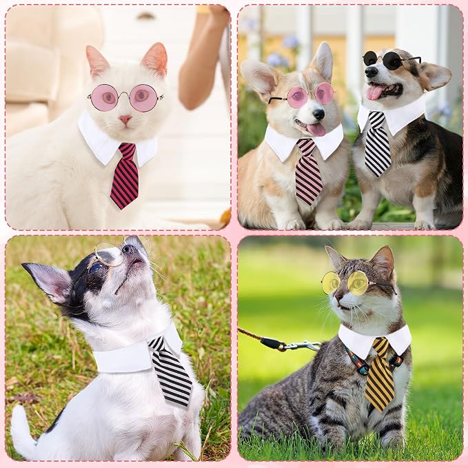 Weewooday 8 Pcs Pet Dog Cat Costume Cat Dog Sunglasses and Tie Collar Round Glasses for Small Puppy Tuxedo Necktie Collar Puppy Accessories Halloween Cosplay Birthday Christmas Party(Bright Colors)