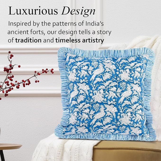 CPC Block Print Ruffle Throw Cover Blue Sapphire 20"x20" Inch Pack of 2-100% Cotton Ruffle Couch Decorative Boho Pillows Case for Living Room, Bedroom, Sofa, Farmhouse Gift for Spring, Mother's Day