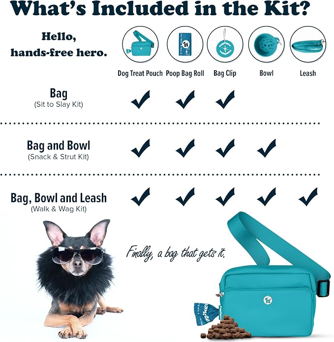 Puppington 3-in-1 Crossbody Bag & Dog Treat Pouch for Pet Training - Matching Compostable Poop Bags, Built-In Poop Bag Dispenser & Slow-Feeding Travel Dog Bowl - Dog Walking Bag (Lagoon Teal)