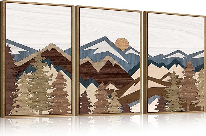 BINCUE Large Boho Mountain Canvas Framed Wall Art Set of 3 Forest Mountain Sun Wall Decor Boho Artwork for Living Room Bedroom Office 24x36 Inch Gift