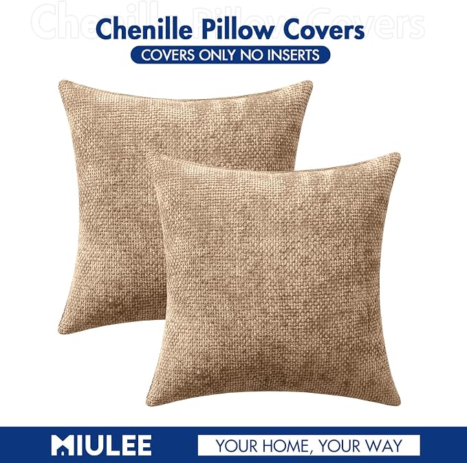 MIULEE Decorative Couch Throw Pillow Covers 18x18 Inch Khaki Camel 2 Pack | Modern Boho Accent, Soft Chenille Pillow Covers, Farmhouse Cushion Cases for Home Decor Bed Sofa Living Room