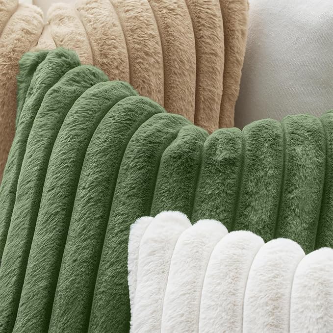 MIULEE Faux Fur Lumbar Throw Pillow Covers 12x20 Set of 2 Moss Green | Modern Soft Plush Couch Pillows, Cozy Fluffy Cushion Covers for Sofa Bed Living Room Home Decor