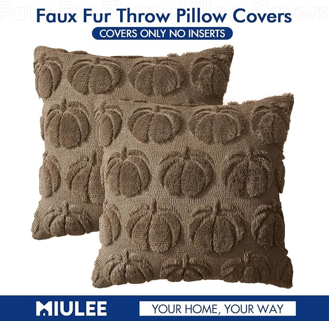 MIULEE Fall Pillow Covers Pumpkin Fall Decor 18x18 Coco Brown | Set of 2 Fall Decorations for Home, Plush Faux Fur Farmhouse Accent Pillowcases, Porch Sofa Couch Cushion Bed Livingroom