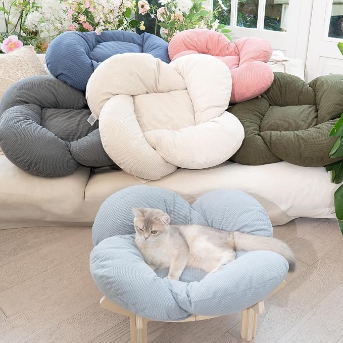 Elevated Cat Bed for Indoor Cats Couch Sofa Flower | Pet Beds with Washable Cushion, Stable Wooden Frame, Raised Cat Hammock & Furniture for Kitty & Puppy All-Season(Deep Blue)