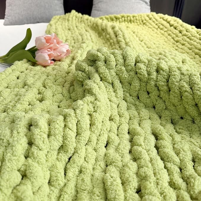 Soft Chunky Knit Throw Blanket for Couch, Cozy Warm Knitted Blankets | Hand Knit with Jumbo Chenille, Lightweight Warm Fluffy Decor for Women, Mom, Her & Girls, Sofa, Chair, Bed, 40"×40" (Green)