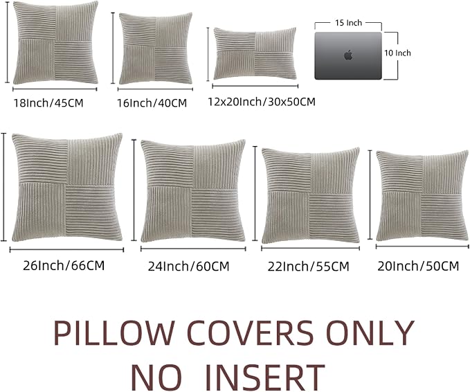 Fancy Homi Neutral Grey Lumbar Decorative Throw Pillow Covers 12x20 Inch for Living Room Couch Bed Sofa, Farmhouse Home Decor, Soft Striped Corduroy Rectangle Accent Cushion Case 30x50 cm