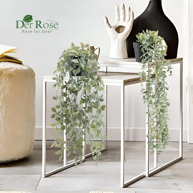 Der Rose 2Pcs Fake Hanging Plants with Black Pot for Bathroom Shelf Decor | Boho cascading eucalyptus and mandala vine creates a modern natural accent, adding depth to office, bookcase, bedroom decor