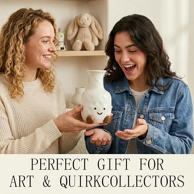Cute Smile Face Vase – White Ceramic Cute Flower Vase for Home Decor, Modern Decor Vase for Living Room Bedroom, for Women Friends Family