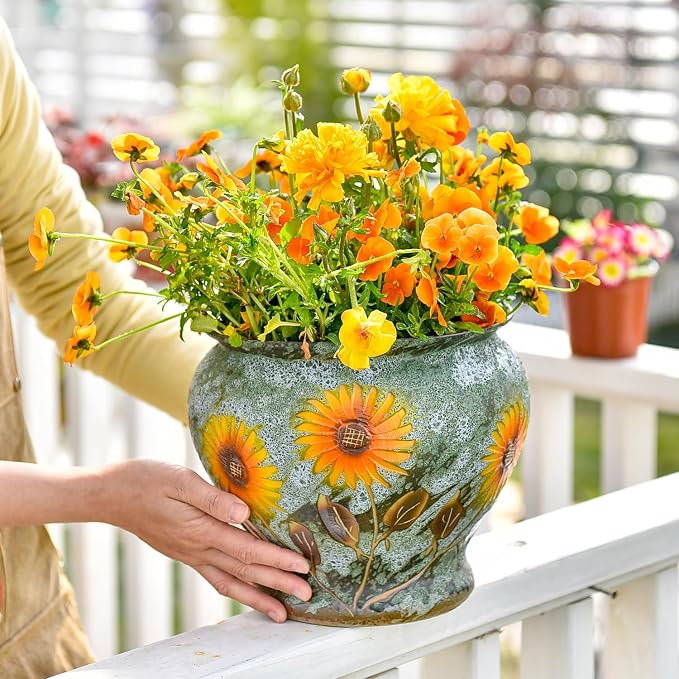 Sungmor 9 Inch Hand Painted Ceramic Succulent Plant Pots - Green & Daisy | Vintage Decorative Pottery Planters for Indoor Outdoor Plants, Table Centerpieces & Flower Arrangement Home Decor