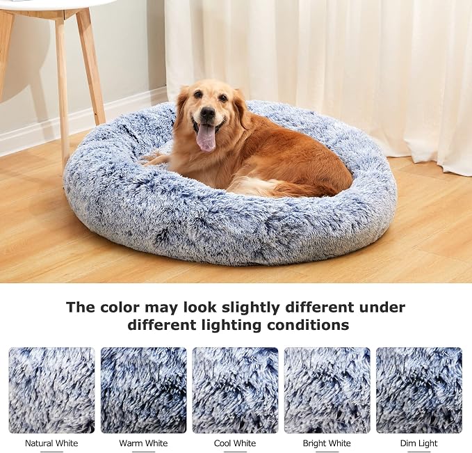 Bedfolks Calming Donut Dog Bed, 23 Inches Round Fluffy Dog Beds for Small Dogs, Machine Washable Anti-Anxiety Plush Puppy Bed(Navy Blue, Small)