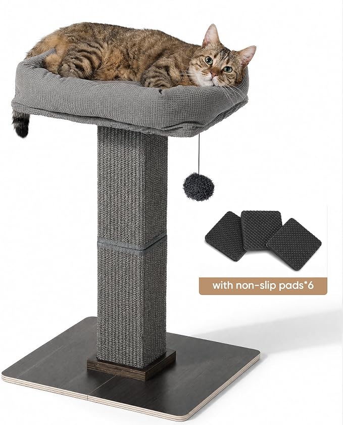 FUKUMARU Retro-Style Cat Scratching Post with Perch for Indoor Adult Cats | 28.7" Elevated Tall Cat Bed, Solid Wood Large Cat Scratcher Tower with Bed, Aesthetic Cat Tree Furniture with Natural Sisal