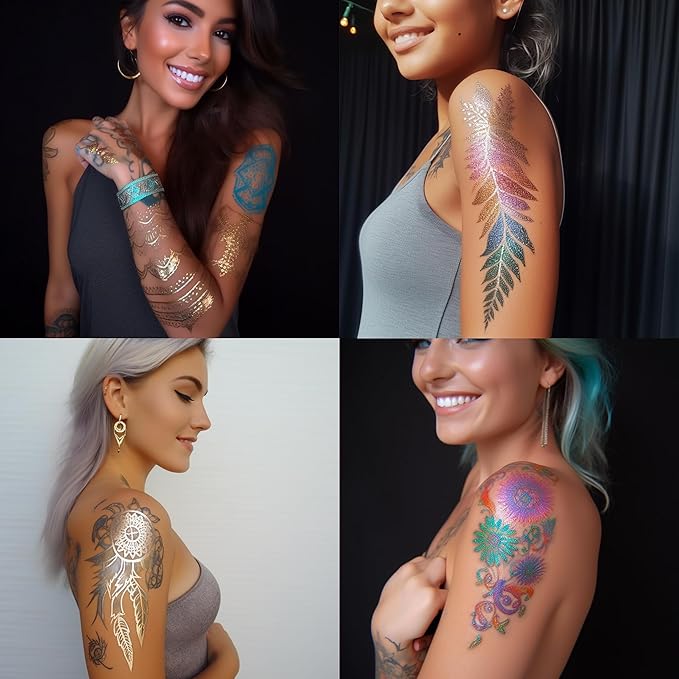 Temporary Tattoo Markers for Skin, 15 Colors Tattoo Pen + 50 Paint Stencils + 43 Tattoos Stickers, Glitter & Matte & Neon Glow Body Marker Set, Removable Fake Tattoos Kit for Teens and Adult