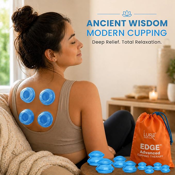 Lure Essentials Edge Silicone Cupping Set, Cupping Kit for Massage Therapy, Long Lasting Cups for Professional & Home Use, Body Sculpt Cup for Cellulite, Ultra Transparent Blue (8 Count)