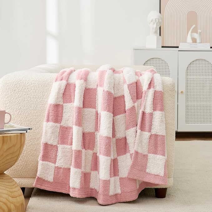 Snuggle Sac Checkered Throw Blanket Faux Fur Microfiber Blankets for Couch,Cozy Soft Warm Blanket for Sofa Bedroom Living Room,Pink Checker,60x80 inches