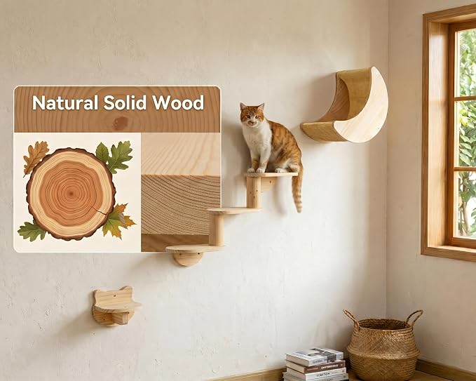 Cat Wall Shelves, Solid Wood Moon Bed, 3-Step Ladder & Perch for Climbing | 3-in-1 Wall-Mounted Cat Furniture;16-Inch Stud Wall;Hold Up to 40 lb;Wall & Corner Setup;Vertical Territory & Active Exercise