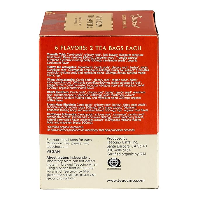 Teeccino Mushroom Herbal Tea - Mushroom Adaptogen Tea Sampler - 12 Tea Bags - Support Your Health With Mushrooms and Adaptogenic Herbs, Prebiotic, Caffeine Free, Acid Free