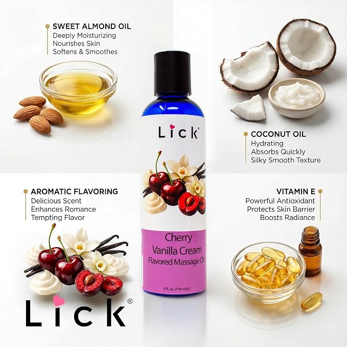 Lick Cherry Vanilla Cream Flavored Massage Oil – Tropical Edible Massage Oil with Sweet Almond Oil & Vitamin E, Hydrating Body-Safe Formula for Relaxing Couples Massage, 4 oz