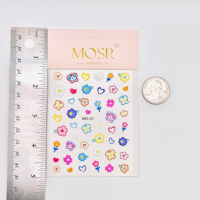 3D Embossed Korean Style Spring Bloom Nail Art Stickers, Flowers, Butterflies, Bunnies, Rainbow, Hearts, Self-Adhesive, Easy DIY for Everyday Outfit. (Butterfly+Tulip) 2-Pack