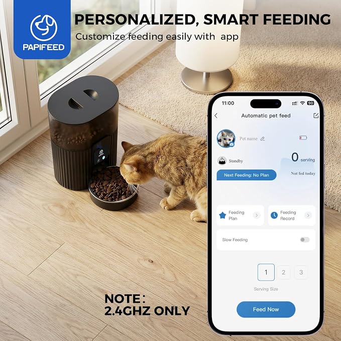 PAPIFEED Automatic Cat Feeder with App, 2.4G WiFi Cat Food Dispenser, 3L Slow Feeder Timed Cat Feeders for Dry Food, 10 Meals/Day, 6 Portions/Meal, Dual Power Supply Smart Pet Feeder for Small Dog