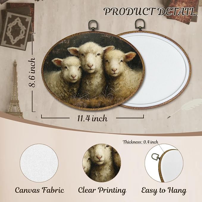 LKETW Vintage Sheep Oval Wall Art Decor, Neutral Cottagecore Lamb Oval Canvas Hanging Decor, Rustic Farmhouse Animal Wall Decorations For Home Living Room Farmhouse Gallery, 11.4x8.6 Inch