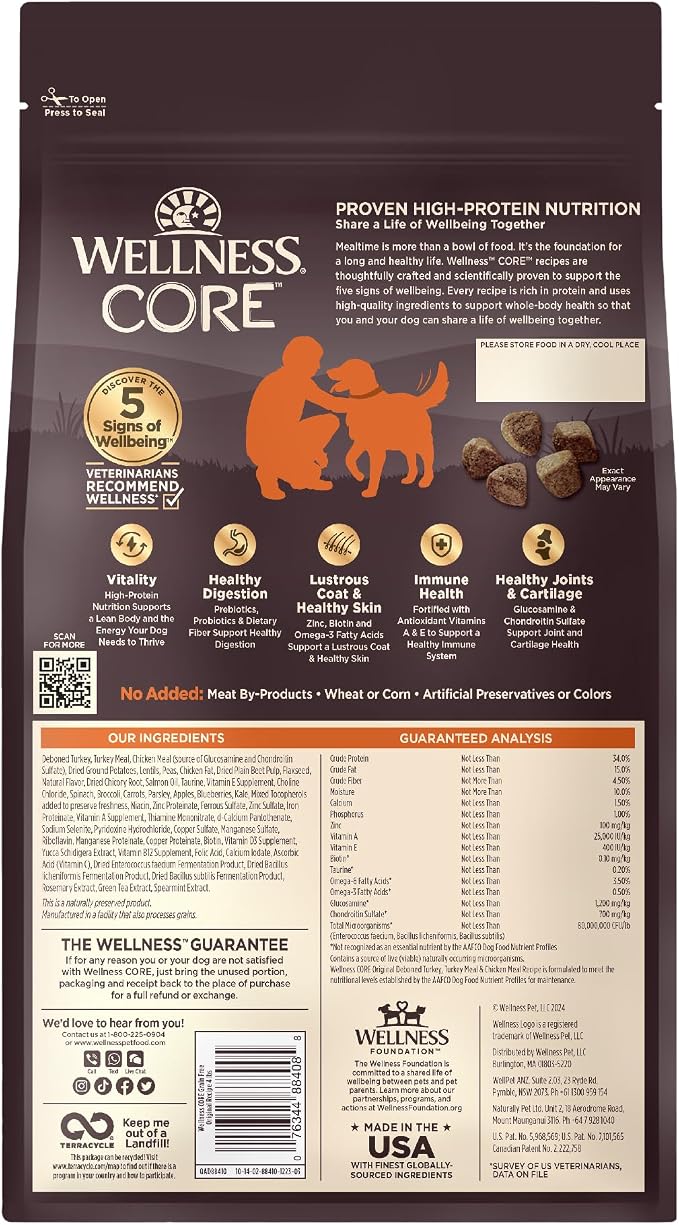 Wellness CORE Adult Dry Dog Food, Grain Free Kibble, Natural, High Protein, Turkey and Chicken Recipe, 4 lb Bag