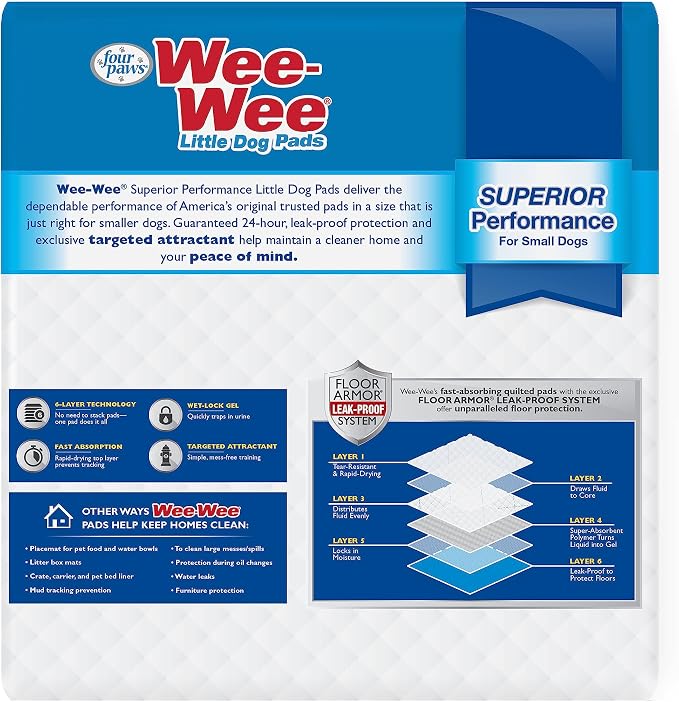 Four Paws Wee-Wee Superior Performance Little Dog Pee Pads, 28 Count | Quilted leak-proof puppy pads, dog housebreaking & potty training, 24-hour floor protection, for small dogs, 16.5" x 23.5"