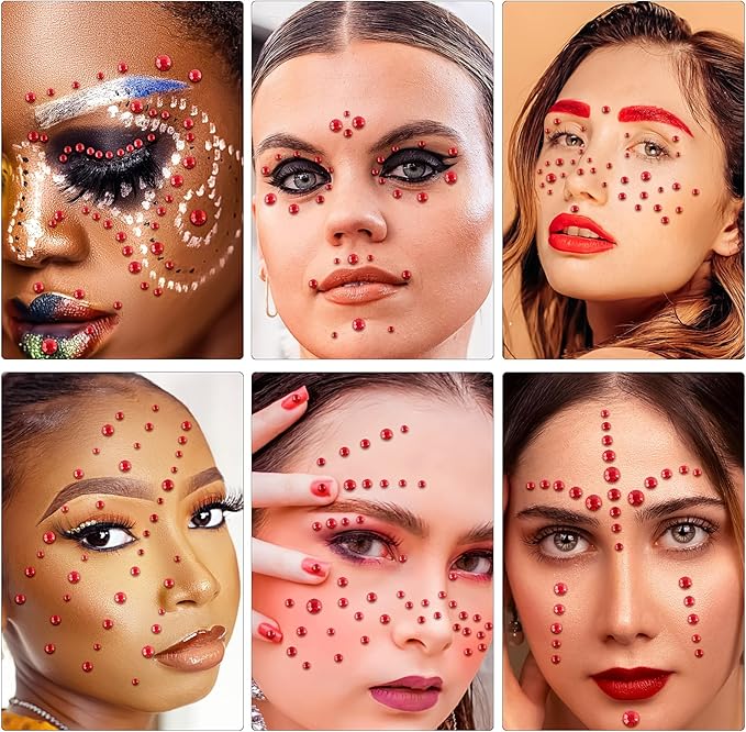 591pcs Face Gems Hair Gems Pearls, Self-Adhesive Face Jewels Eye Rhinestones 3/4/5/6/8 mm Face Gem Stick on, Halloween Makeup Gems Rave Accessories for Face Eyes Body Makeup (15.red)