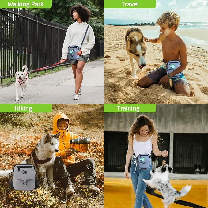Dog Walking Bag Crossbody Waterproof & Lightweight Treat Pouch for Pet Training, Puppy Treat Tote, Dog Mom Purse (Gray 1.0)