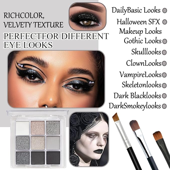 Black Grey Smoky Eyeshadow Palette,15 Colors Matte Shimmer Pigmented Eye Shadow Makeup Palette Set with 3 Eyeshadow Brushes,Glitter Eye Shadow Palette for Daily Halloween Goth Makeup(D)