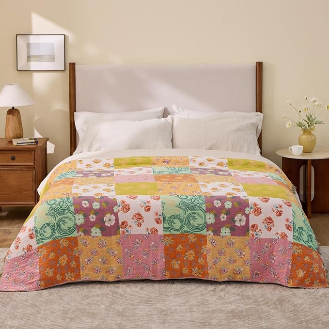 RILIHO 100% Cotton Boho Throw Blanket for Home Decor – Classic Farmhouse Quilt Bedding, Muslin Blankets for Adults, Vintage Woven Decorative Blanket for Couch, Bed Layering Use, Patchwork, 90"x90"
