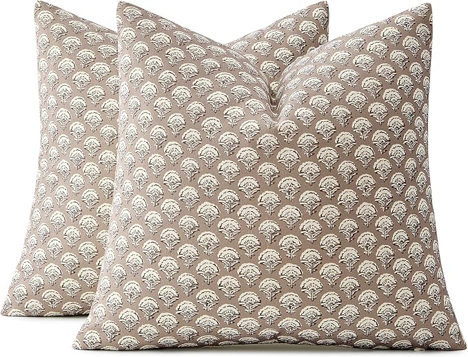 MIULEE Floral Print Decorative Pillow Covers 20x20, Light Taupe | Vintage Boho Farmhouse Modern Home Decor, Set of 2, Block Print Cushion Covers for Couch Sofa Bed Living Room