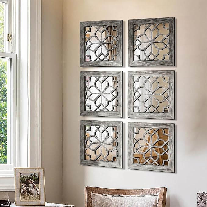 Set of 4 Boho Wall Mirrors with Carved Floral Design, 12x12 Inch Rustic Farmhouse Accent Mirrors, Vintage Style Shatterproof Square Mirror Decor for Living Room, Bedroom(Brown)