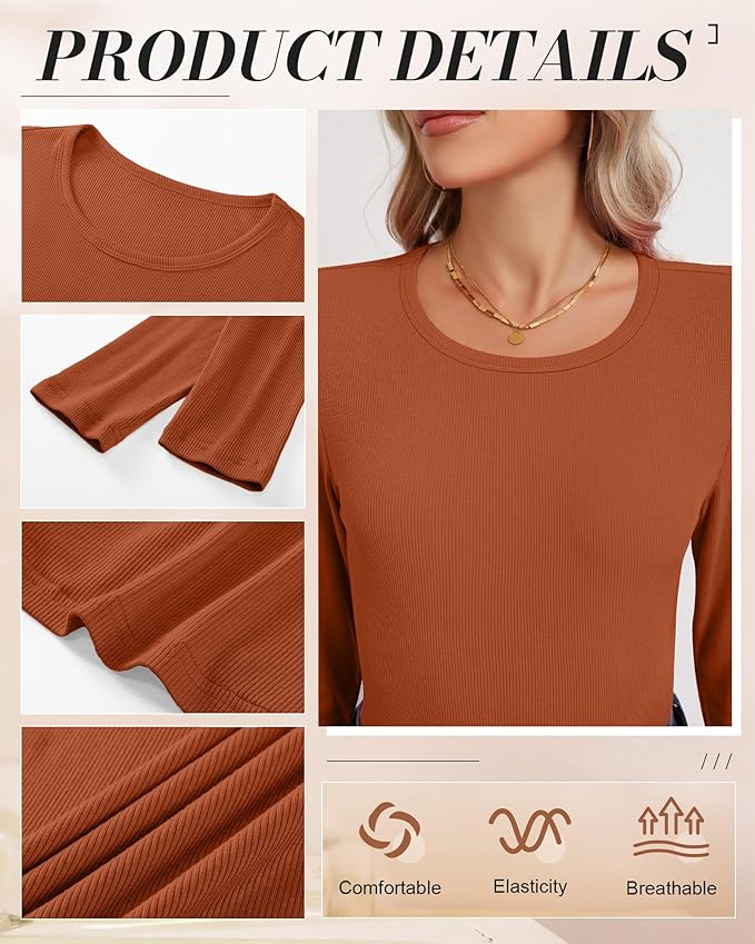 Ficerd 3 Pack Women's Ribbed Long Sleeve Tops, Crew Neck Slim Fit Undershirts Knit Basic Casual Stretch Layering Tee Shirts