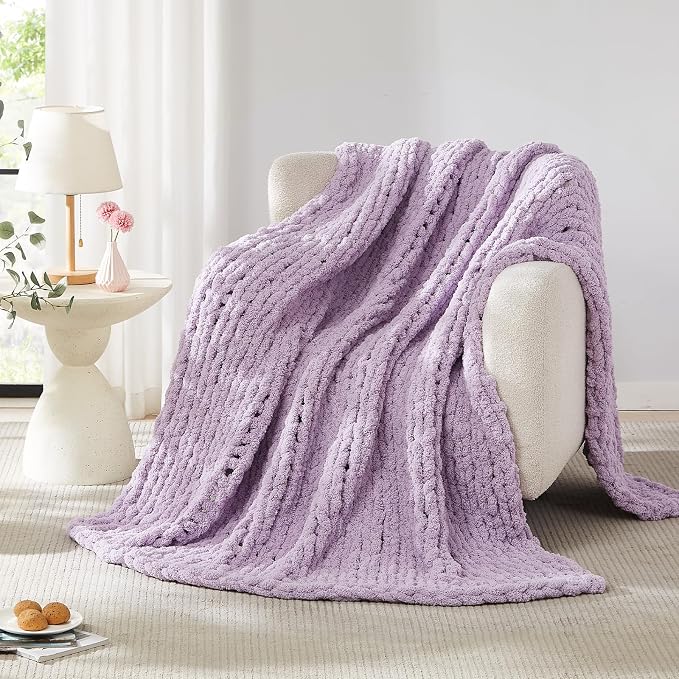 L'AGRATY Chunky Knit Throw Blanket for Couch, 50'' x 60'' Knit Throw, Purple