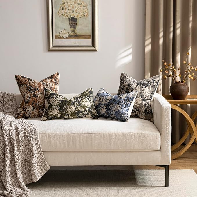 Pack of 2 Vintage Floral Pillow Covers 12x20 Boho Farmhouse Accents Chenille Rectangular Lumbar Decorative Throw Pillow Cases for Living Room Couch Bed Home Decor, Taupe