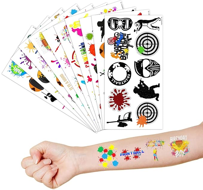 Paintball Temporary Tattoos Gun Birthday Party Decorations Favors Supplies Shooting Themed Cute Stickers 10 Sheets 100 PCS Gifts for Baby Girls Boys Class School Carnival